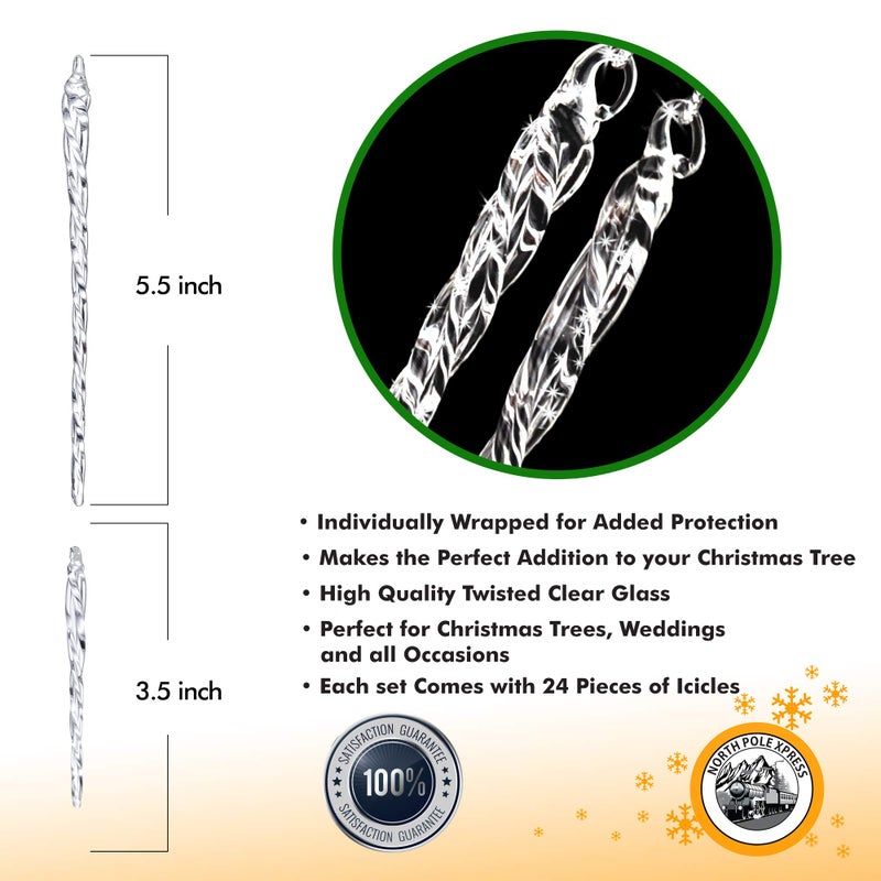 NorthPoleXpress Twisted Clear Glass Icicle Christmas Ornaments for Christmas Trees - Set of 24 Icicles Christmas Tree Decorations - Christmas Tree Ornaments Crystal - Image 3